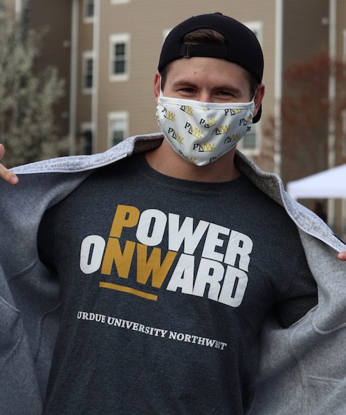 Student in branded PNW gear is pictured.