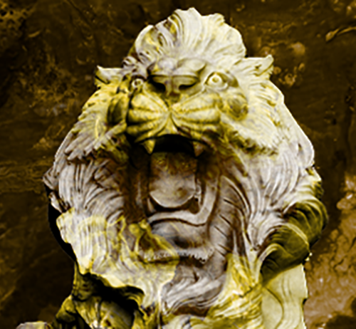 A tinted lion sculpture roaring