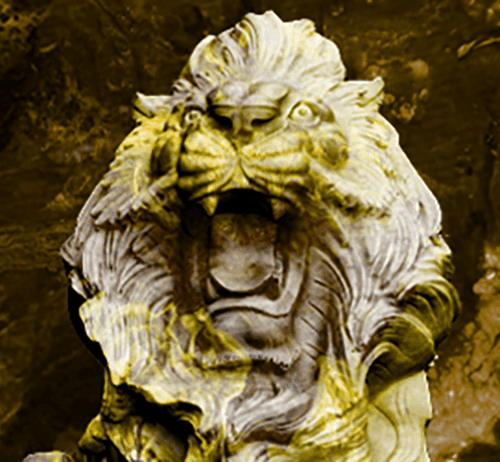 A tinted lion sculpture roaring