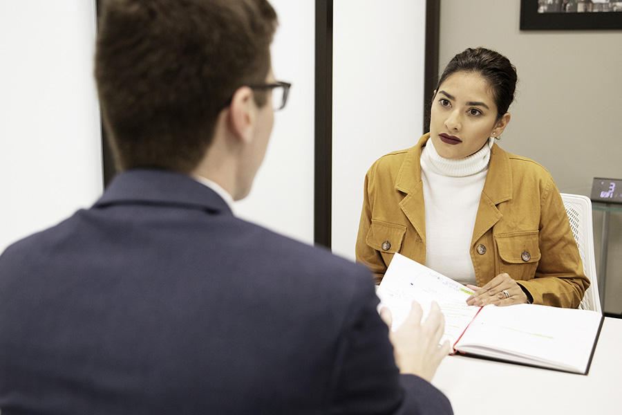 Students do a mock interview in PNW's Professional Selling Lab