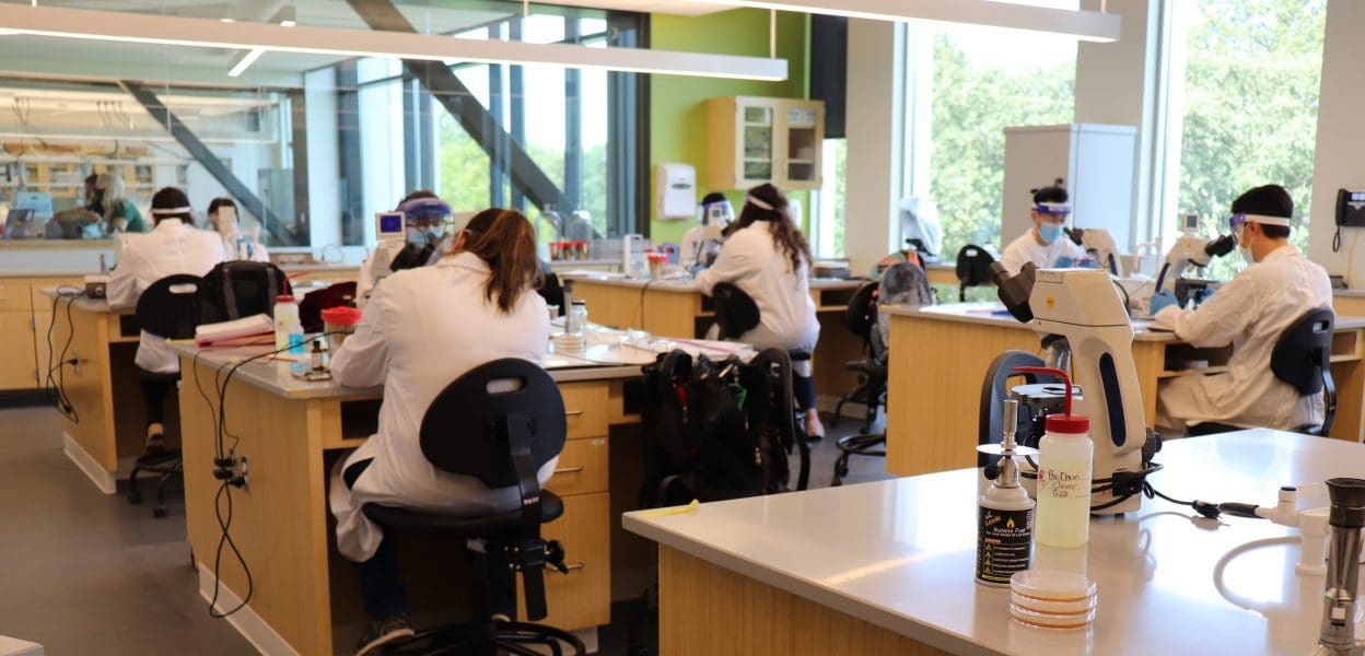 Students work in a lab in PNW's Nils K. Nelson Bioscience Innovation Building