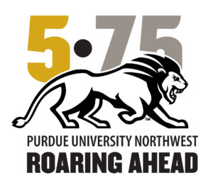 Logo: 5•75 Purdue University Northwest Roaring Ahead with an illustration of a striding lion.