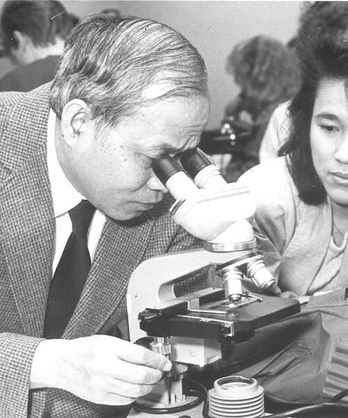 A professor looks through a microscope.