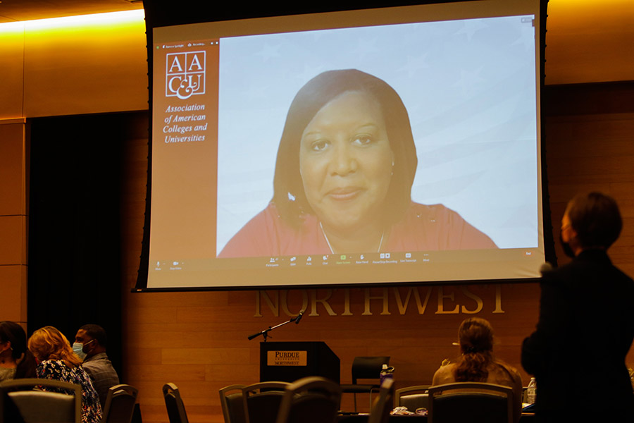Tia Brown McNair offers a virtual address to PNW's Power Onward Conference