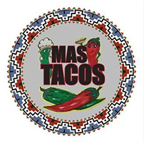 Mas Tacos logo, with illustrated peppers on a plate.