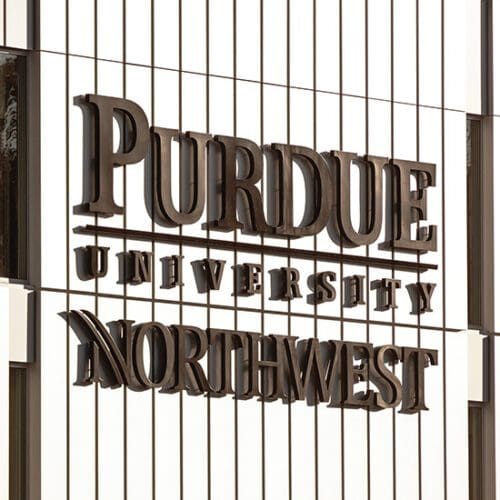 The words Purdue University Northwest on the Facade of the Nils K Nelson Bioscience Innovation Building