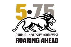 Logo: 5•75 Purdue University Northwest Roaring Ahead with an illustration of a striding lion.