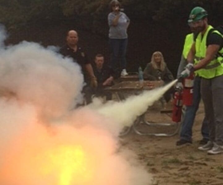 PNW CERT members participate in fire extinguisher training on the Hammond campus in 2018.