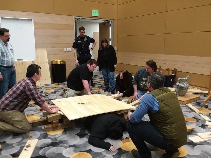 PNW CERT members practice search and rescue techniques on the Hammond campus in 2018.