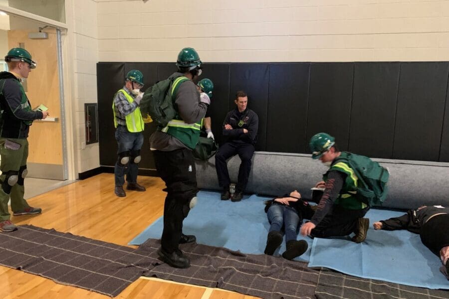 PNW CERT members practice rescue techniques on the Westville campus in 2019.