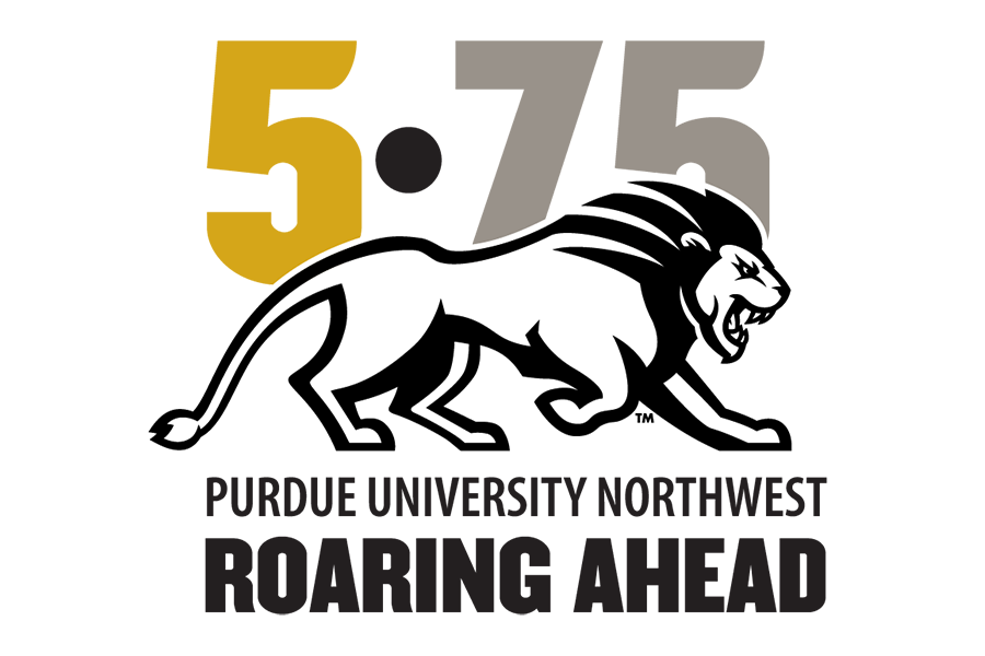 Logo: 5-75 Purdue University Northwest Roaring Ahead with a Striding Lion