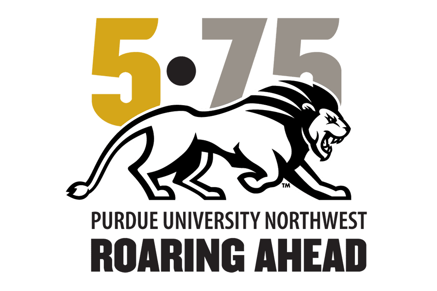 Logo: 5-75 Purdue University Northwest Roaring Ahead with a Striding Lion