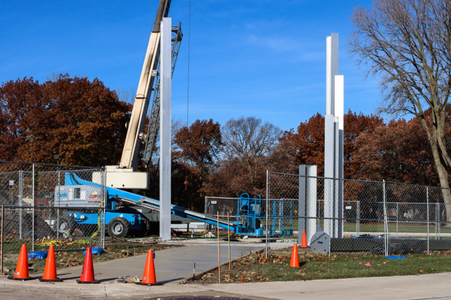 Several steel beams were installed Tuesday morning as construction continues on a long anticipated campus bell tower.