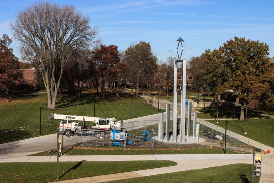 An overhead view shows the new Hammond campus bell tower’s position at the southwest part of the campus. The tower is nearby the Student Union and Library Building, the Nils K. Nelson Bioscience Innovation Building, and Lawshe Hall.