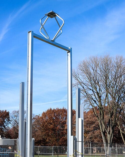 Construction is progressing on a steel bell tower in the southwest part of PNW’s Hammond campus.