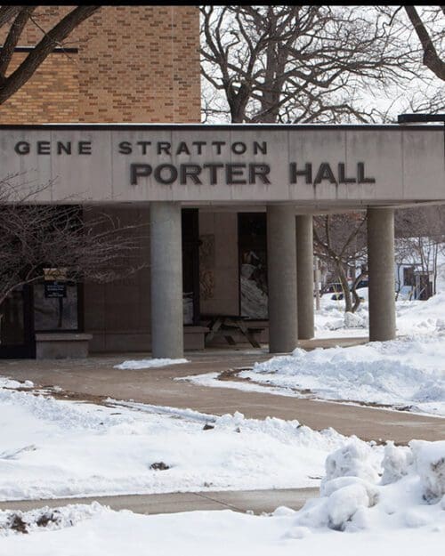 Snow in front of PNW's Porter Hall