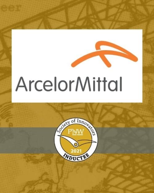 ArcelorMittal logo above Society of Innovators badge