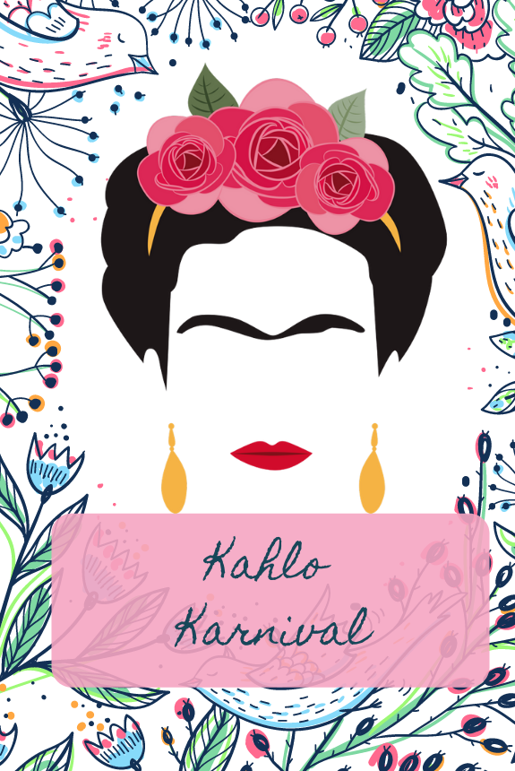 Illustration of Frida Kahlo with flowers and the words Kahlo Karnival