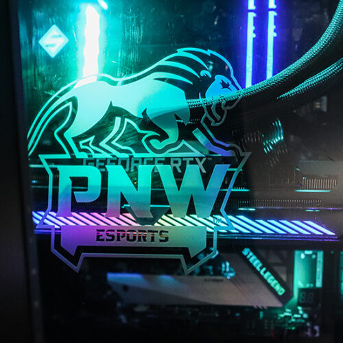 An illuminated computer with a PNW esports logo.