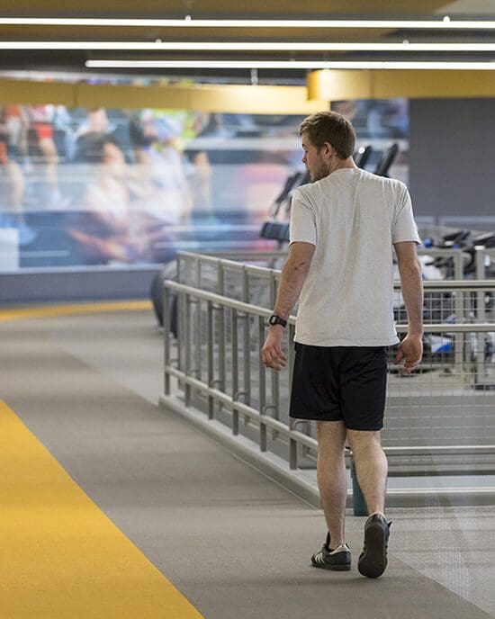 A student on the running track at PNW's Westville campus