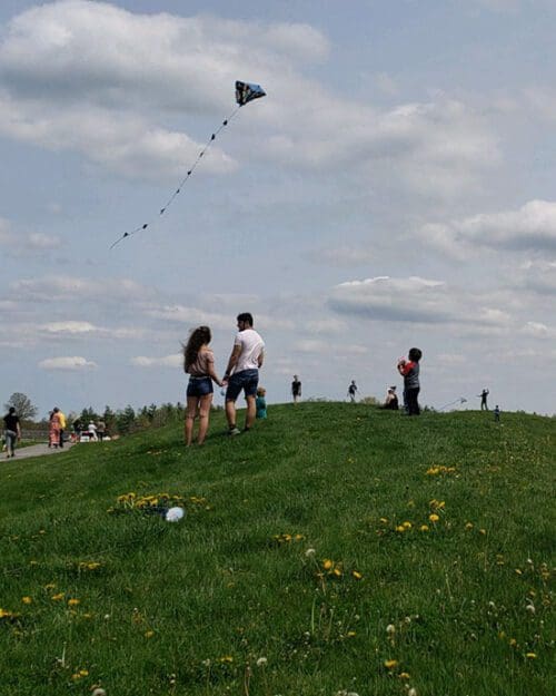 Two people stand on a hill and hold hands. There is a kite flying in the sky and many other people standing in the background.