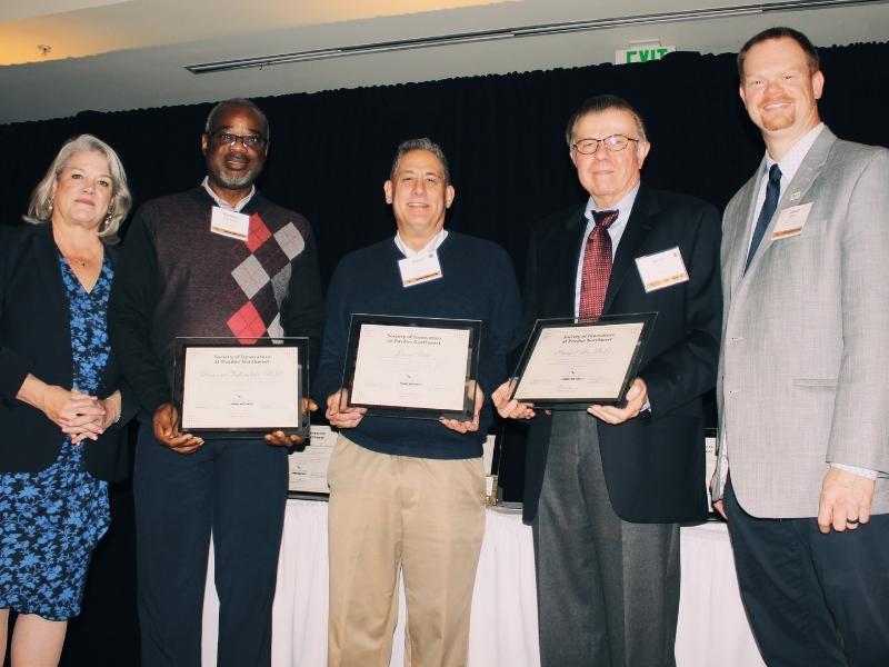 ArcelorMittal Global Research and Development Center was selected in 2021 as a Society of Innovators Team Inductee. Pictured, from left to right, are Sheila Matias (Society of Innovators), Bernard Chukwulebe, David Price, Henry Hahn, and Jason Williams (Society of Innovators).