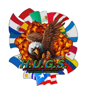 Logo: H.U.G.S. (Hispanic United Government Services) Cultural Committee. Features an illustration of a diving eagle with explosions behind it surrounded by flags of several countries.
