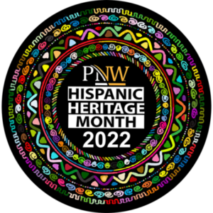 A circle of colorful designs with text in the center saying PNW Hispanic Heritage Month 2022