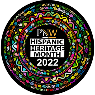 A circle of colorful designs with text in the center saying PNW Hispanic Heritage Month 2022