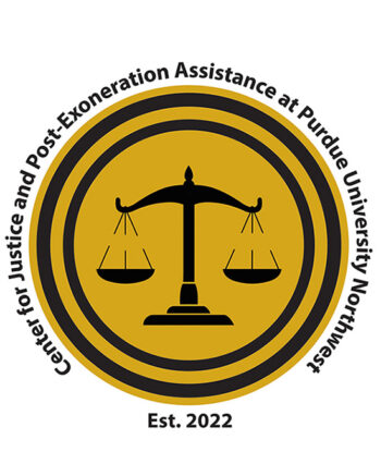 Logo: Center for Justice and Post-Exoneration Assistance at Purdue University Northwest. Est. 2022. With illustration of a balanced pair of scales.