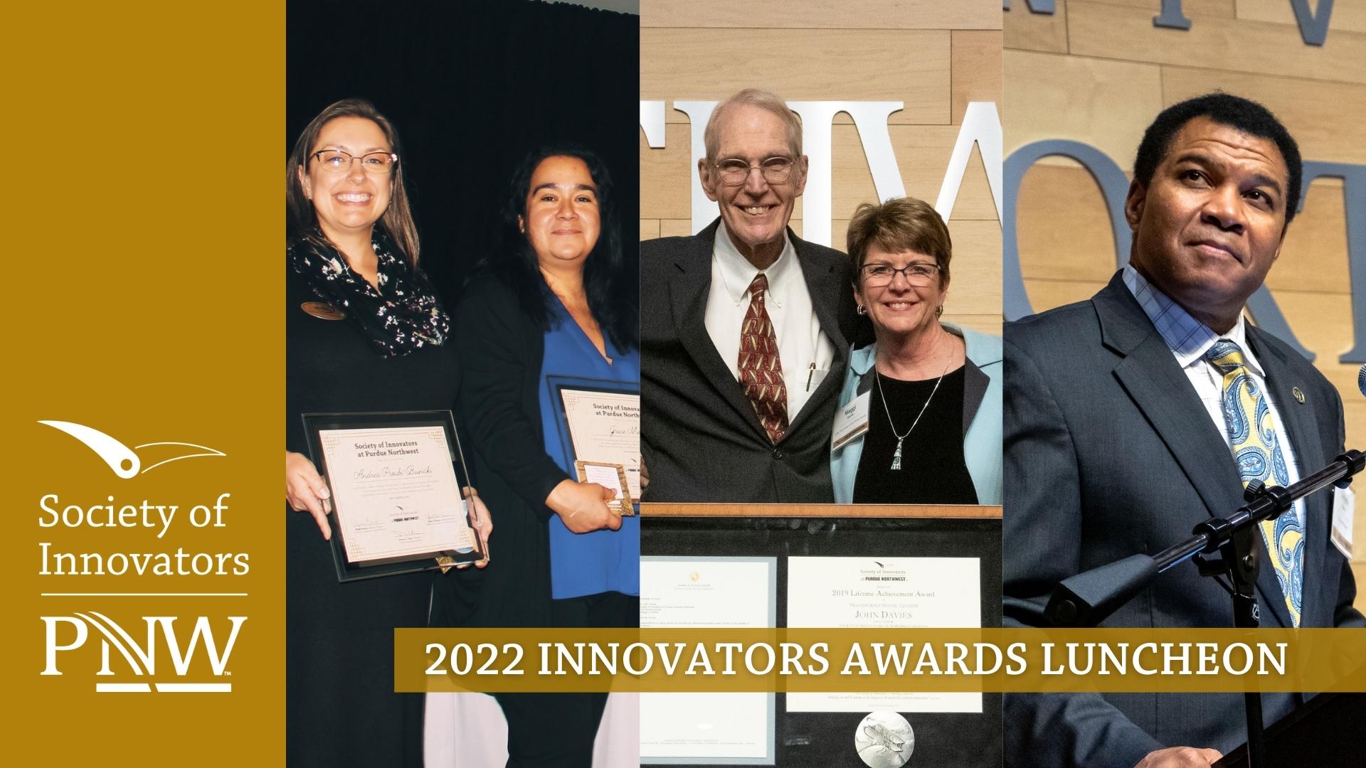 A collage of winners posing with their awards at Society of Innovators at Purdue University Northwest Award Luncheons.