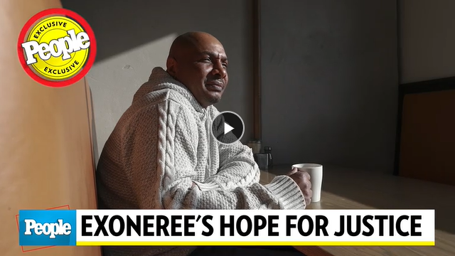Timmy Donald holding a cup of coffee. Graphic says "Exoneree's Hope For Justice"