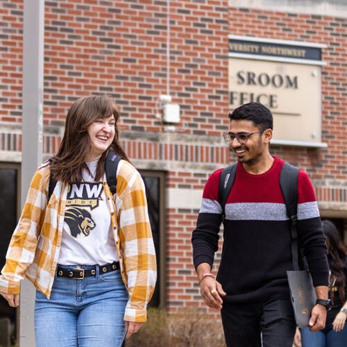 Students walk across campus at Purdue University Northwest