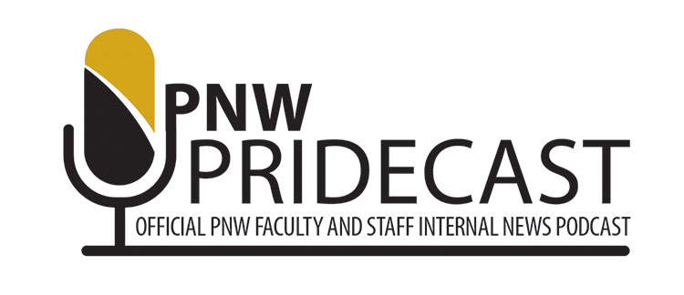 Logo: PNW Pridecast Official PNW Faculty and Staff Internal News Podcast. With image of black-and-gold microphone.