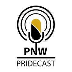 Logo: PNW Pridecast featuring an illustrated microphone in PNW pride colors