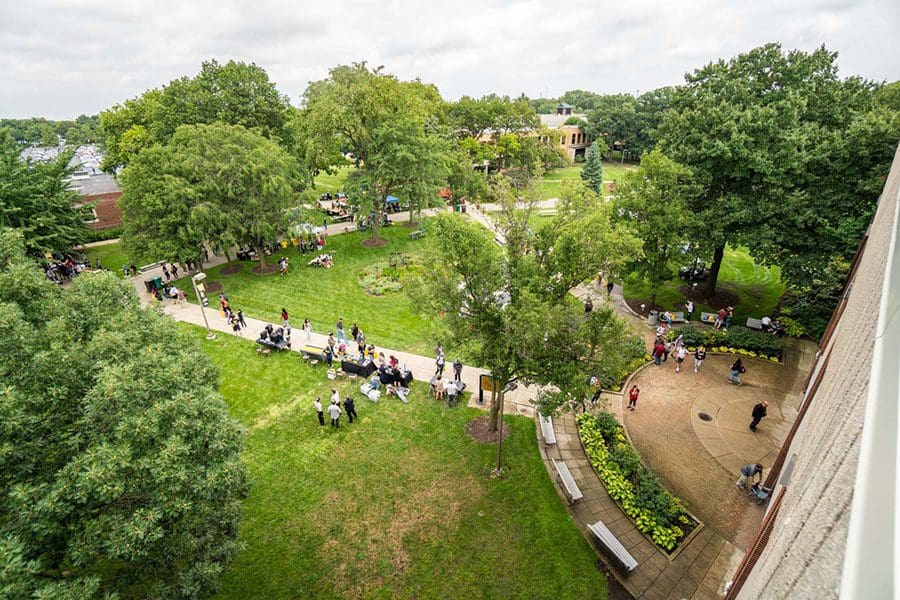 aerial view of students walking around the welcome rally