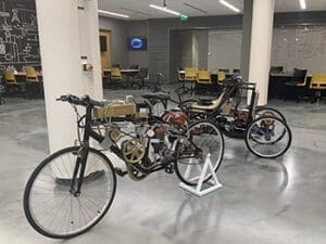 Two hydraulic bikes sit on display