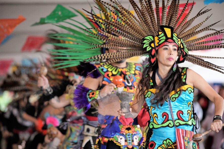 A dancer in Danzantes Aztecas performs at PNW's Hispanic Heritage Month