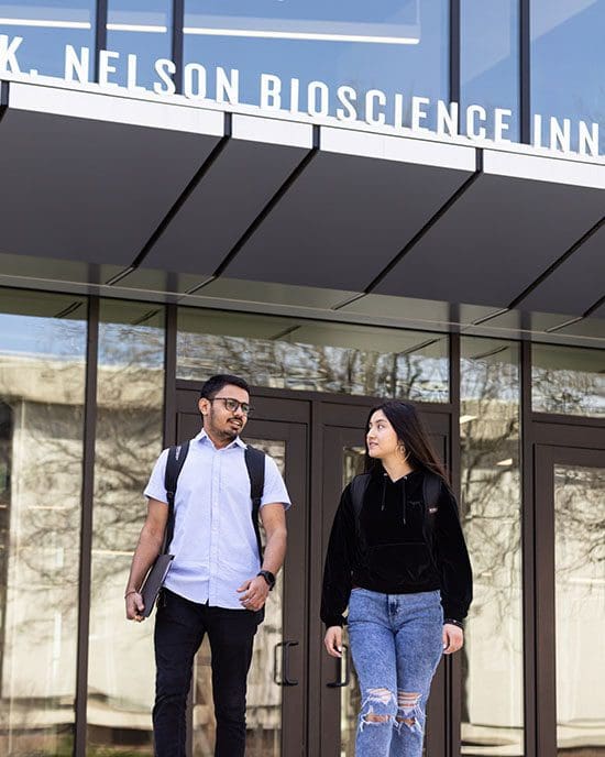 PNW students outdoors the Nils K. Nelson Bioscience Innovation Building