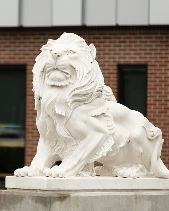 A lion sculpture on Purdue Northwest campus