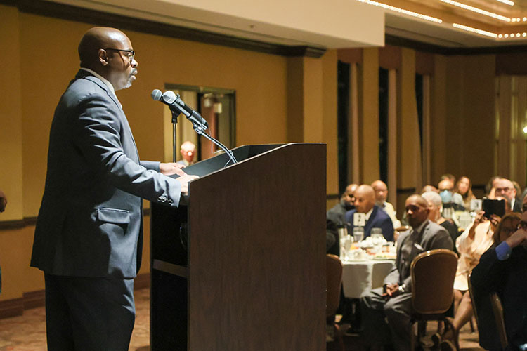 Exoneree Roosevelt Glenn serves as a guest speaker during the CJPA’s “Grand Reveal” Dinner at the Center for Visual and Performing Arts in Munster. Photo by John J. Watkins, The Times of Northwest Indiana.