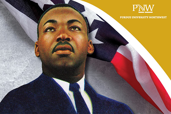 A drawing of Martin Luther King Jr. is placed in front of an American flag drawing. The PNW logo is in the top right corner in front of a yellow background.