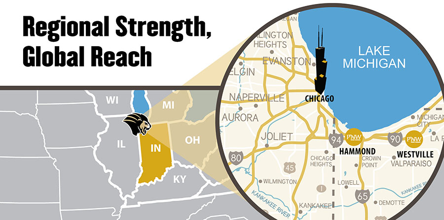 A map of the Midwestern United States, with the Chicago region and northwestern Indiana highlighted. PNW's campuses in Hammond and Westville, Indiana are prominent along Interstates 90/94. The top left corner reads "Regional Strength, Global Reach".