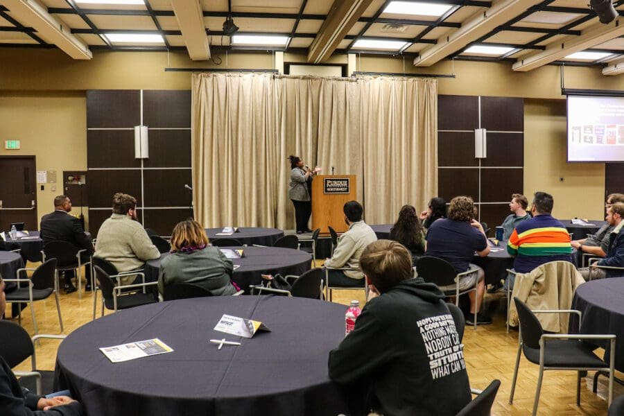 Britt Hudson, assistant dean of students, emcees during PNW’s MLK Day celebration at the Hammond campus.