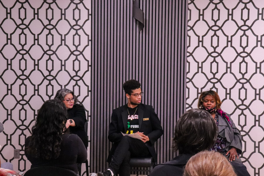 From left, Yesenia Rosales-Avalos, associate director for Student Success and Retention; David Bolton, Student Government Association President and third-year Communication major; and Barbara Bolling-Williams, president of the NAACP’s Indiana State Conference and member of the NAACP’s national board of directors help facilitate a community conversation focused on voter suppression in Northwest Indiana.