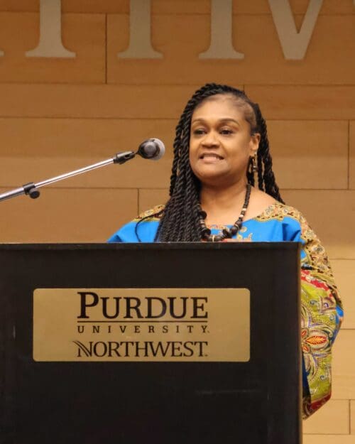 LaVada Taylor, professor of Education, emcees during PNW’s MLK Day celebration at the Westville campus.