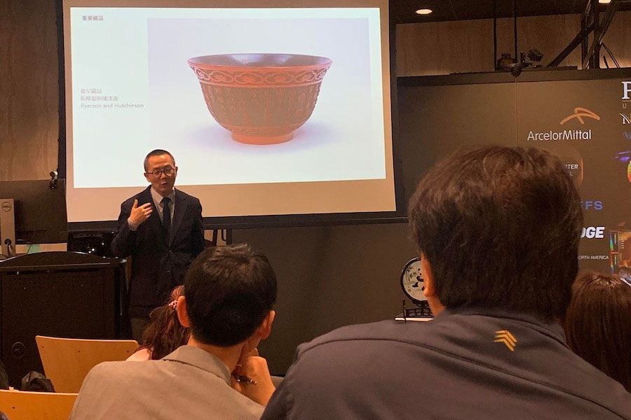 Tao Wang, Pritzker Chair of Arts of Asia, executive director of initiatives in Asia, and curator of Chinese art at the Art Institute of Chicago, presents on Asian art in American museums in the Center for Innovation and Visualization Simulation (CIVS) theater.