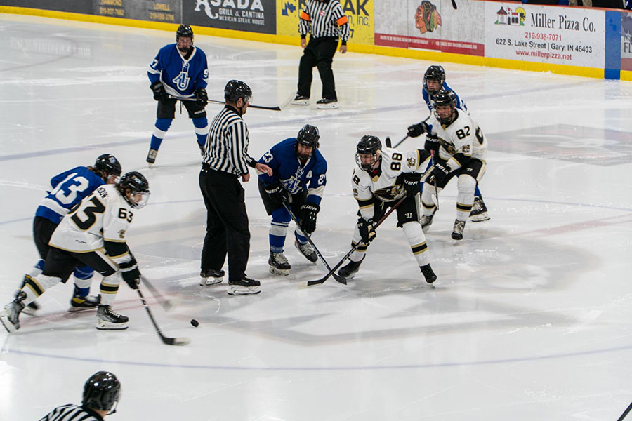 Hockey players and a referee stand in the center of the court