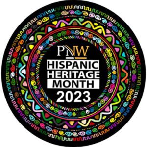A logo for PNW Hispanic Heritage Month 2023, with that text in the center of a colorful border.