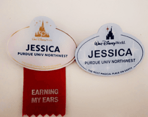 Disney name tags reading "Jessica Purdue Univ Northwest"